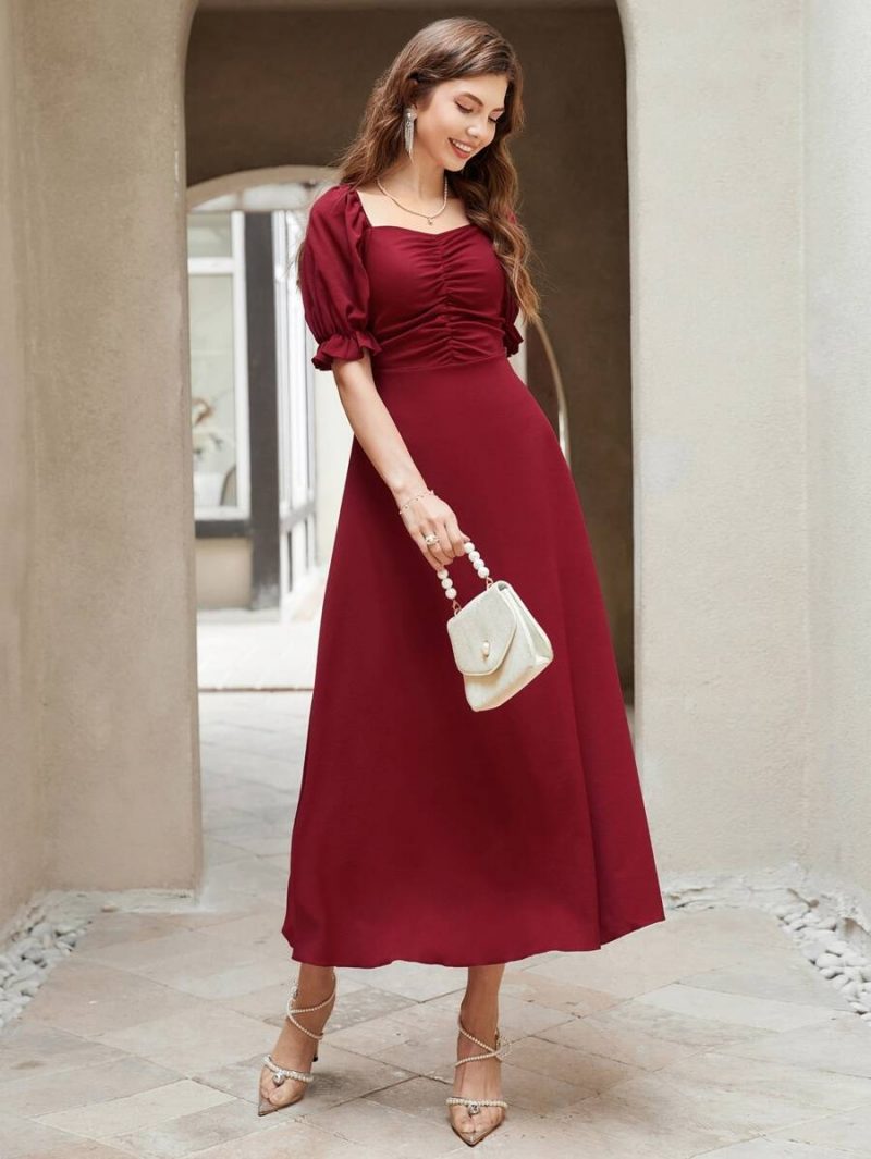 Neckline Puff Sleeve Pleated Long Dress - Image 2
