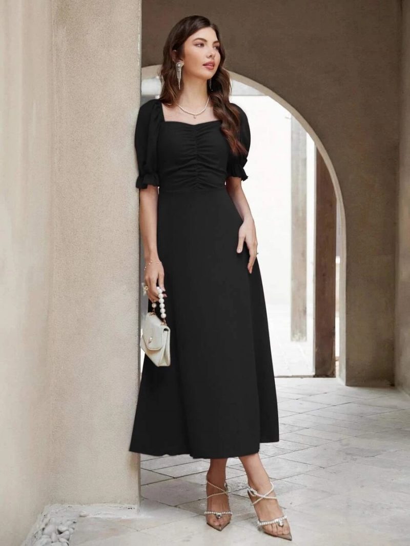 Neckline Puff Sleeve Pleated Long Dress - Image 10