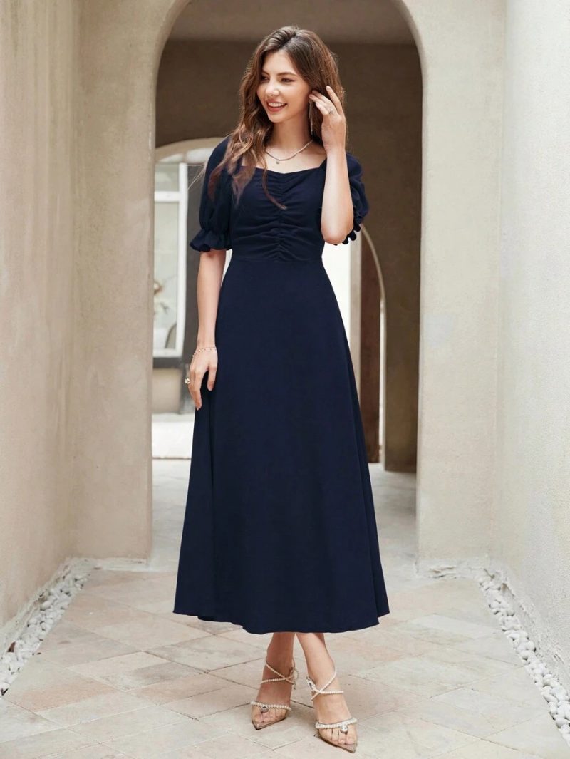 Neckline Puff Sleeve Pleated Long Dress - Image 12
