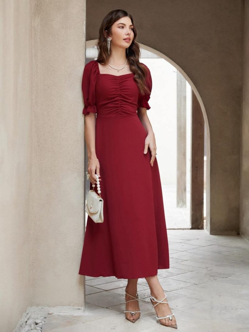 Neckline Puff Sleeve Pleated Long Dress - Image 4