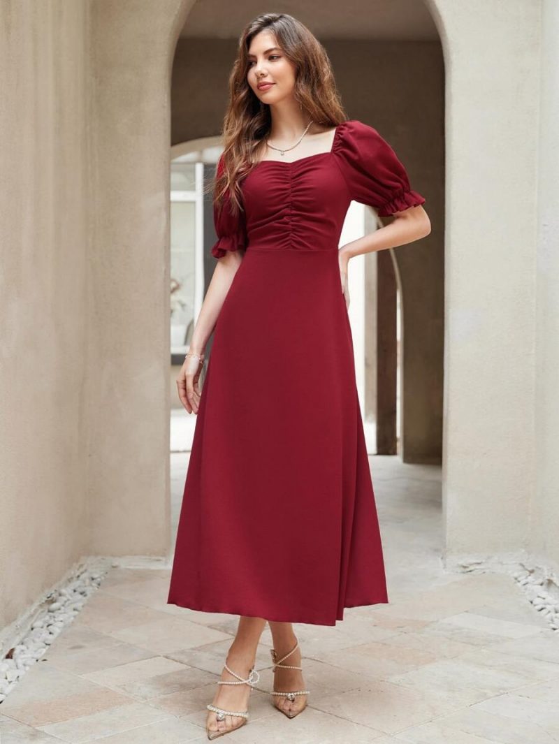 Neckline Puff Sleeve Pleated Long Dress - Image 5