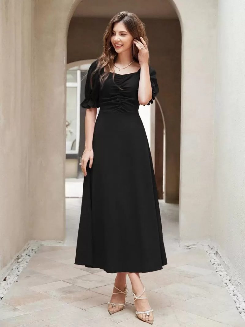Neckline Puff Sleeve Pleated Long Dress - Image 7