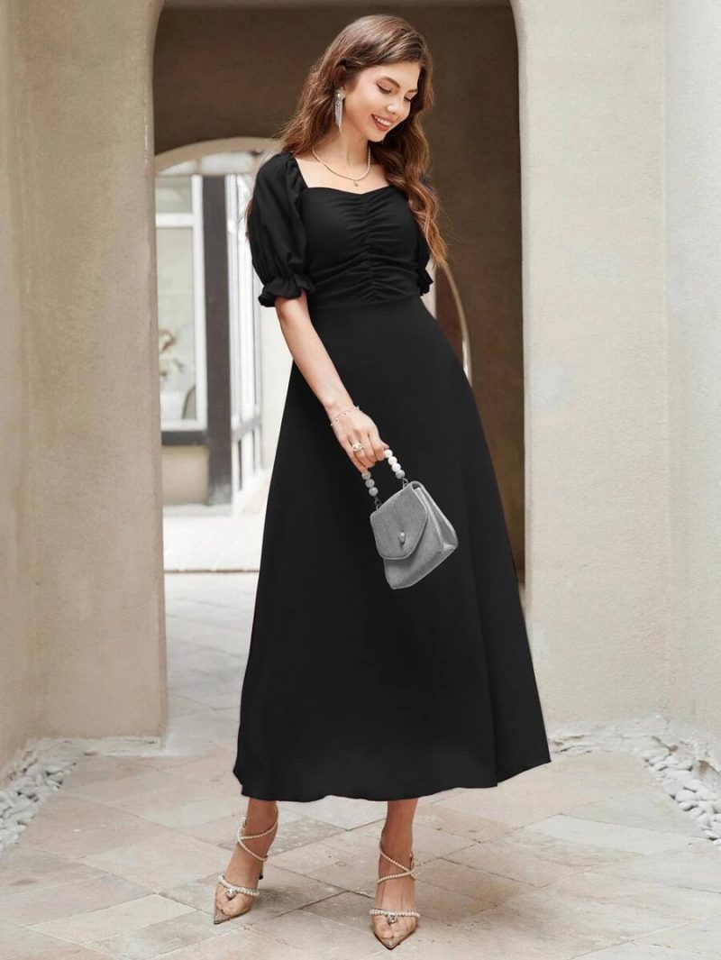Neckline Puff Sleeve Pleated Long Dress - Image 8