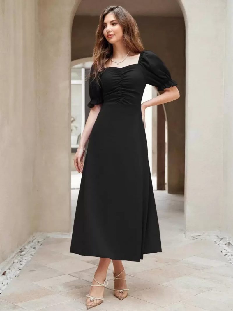 Neckline Puff Sleeve Pleated Long Dress - Image 9