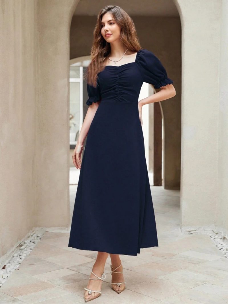 Neckline Puff Sleeve Pleated Long Dress - Image 13