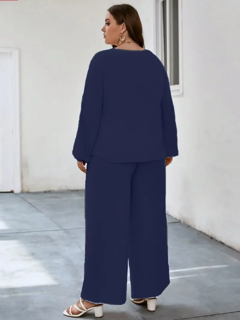 Solid Puff Sleeve V Neck Cord Set For Women - Image 13