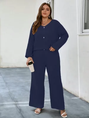 Solid Puff Sleeve V Neck Cord Set For Women nv