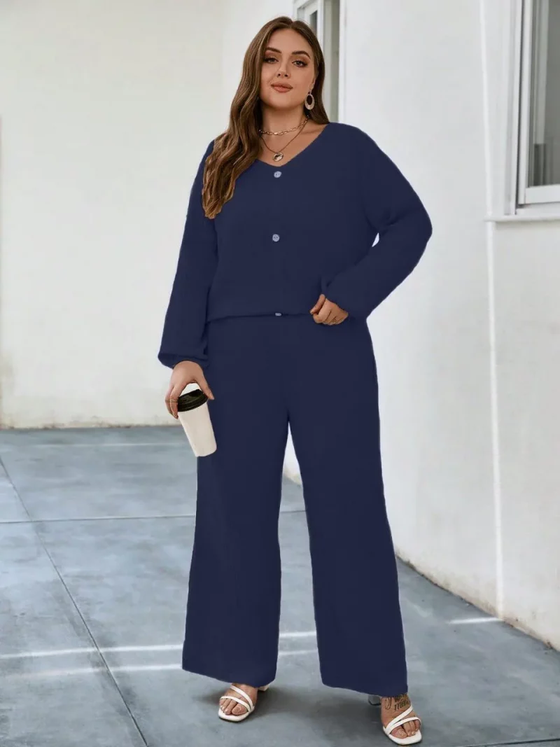 Solid Puff Sleeve V Neck Cord Set For Women - Image 12