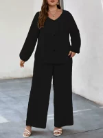 Solid Puff Sleeve V Neck Cord Set For Women bk