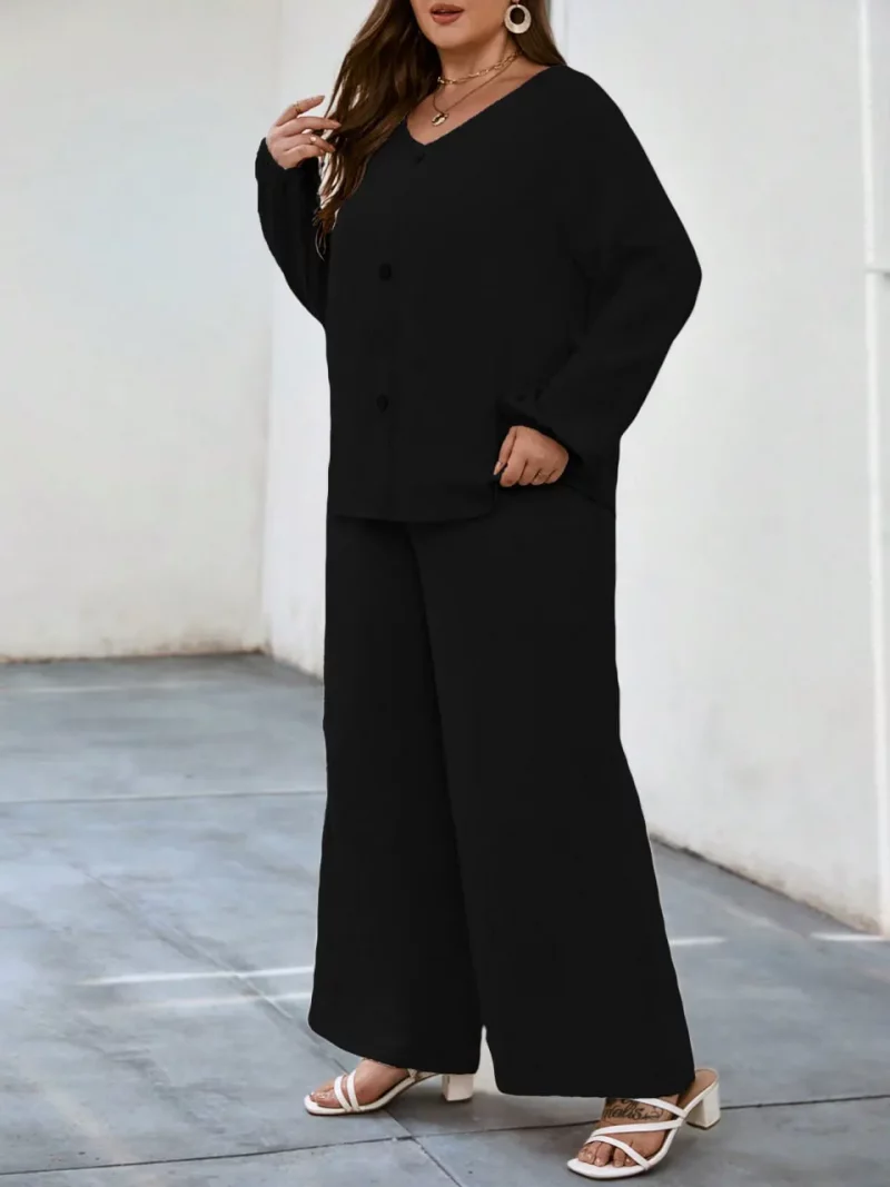 Solid Puff Sleeve V Neck Cord Set For Women - Image 11