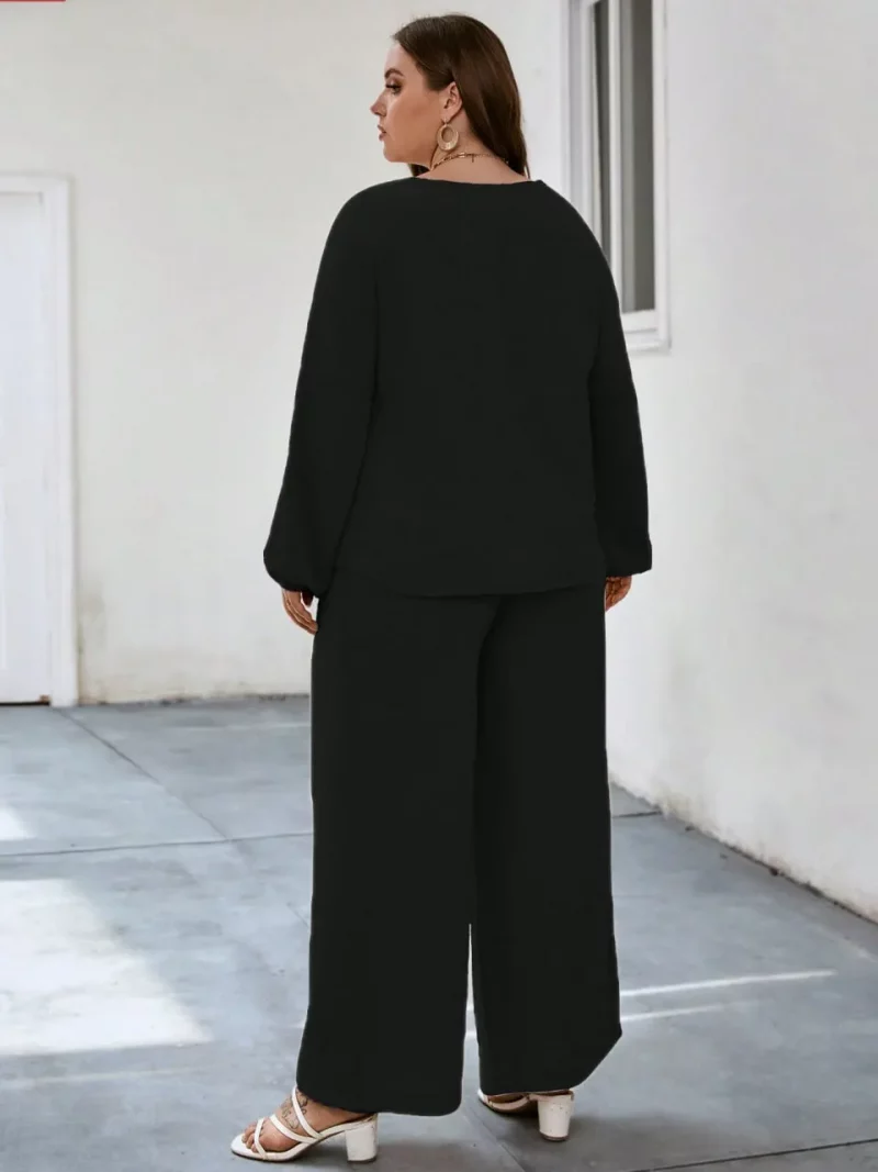 Solid Puff Sleeve V Neck Cord Set For Women - Image 12