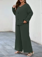 Solid Puff Sleeve V Neck Cord Set For Women gn