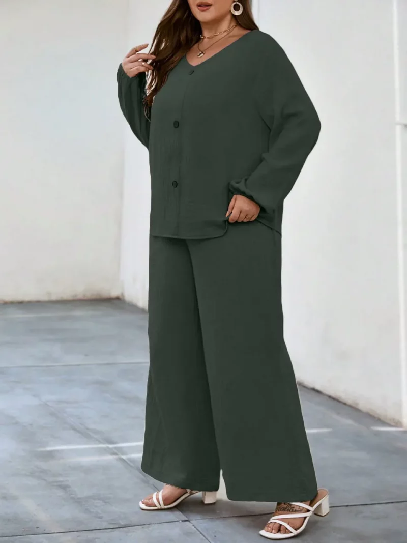 Solid Puff Sleeve V Neck Cord Set For Women - Image 5