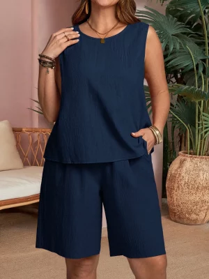Stylish Round Neck Sleeveless Top And Short Set
