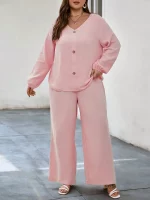 Solid Puff Sleeve V Neck Cord Set For Women