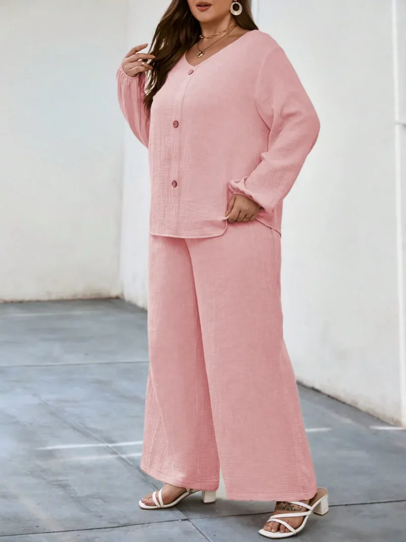 Solid Puff Sleeve V Neck Cord Set For Women - Image 4
