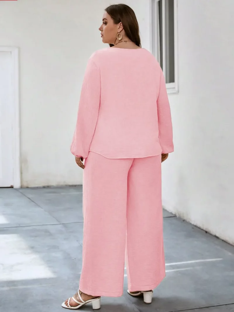 Solid Puff Sleeve V Neck Cord Set For Women - Image 3