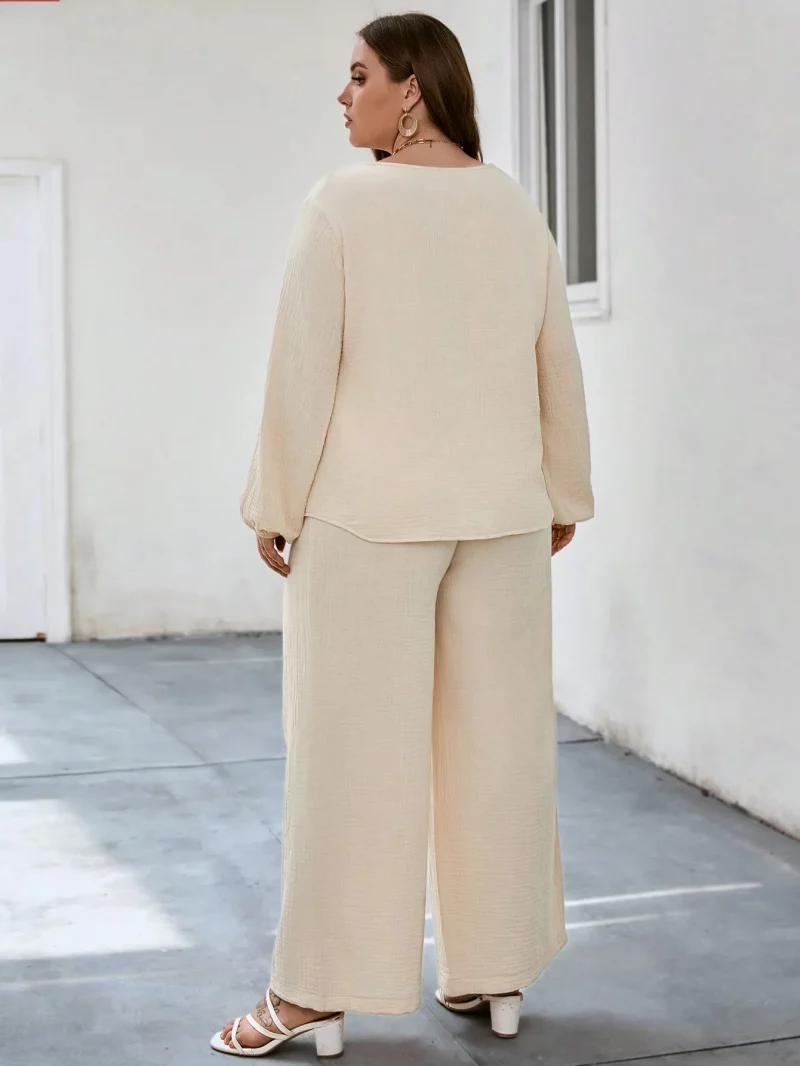 Solid Puff Sleeve V Neck Cord Set For Women - Image 8