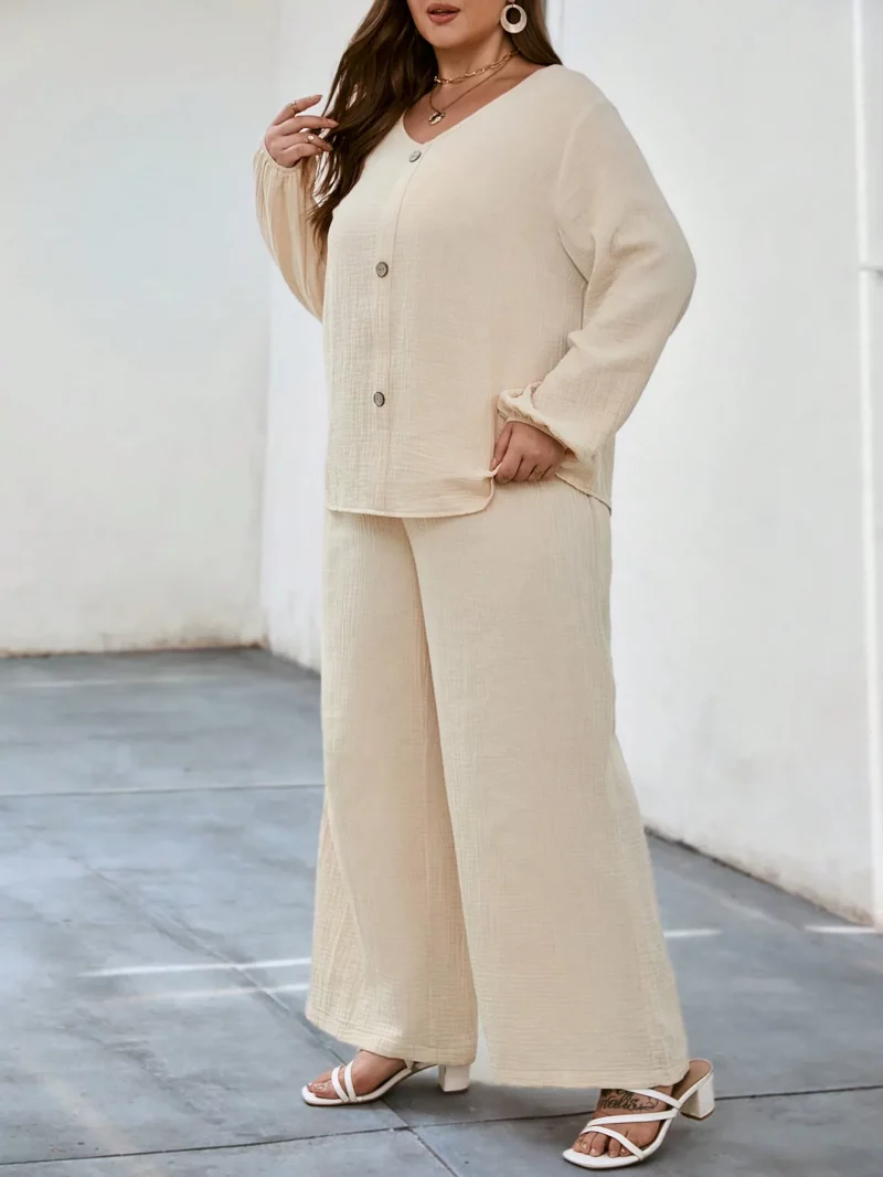 Solid Puff Sleeve V Neck Cord Set For Women - Image 9