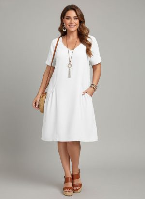 Lovshy Solid Color Short Sleeve A-line Dress wh