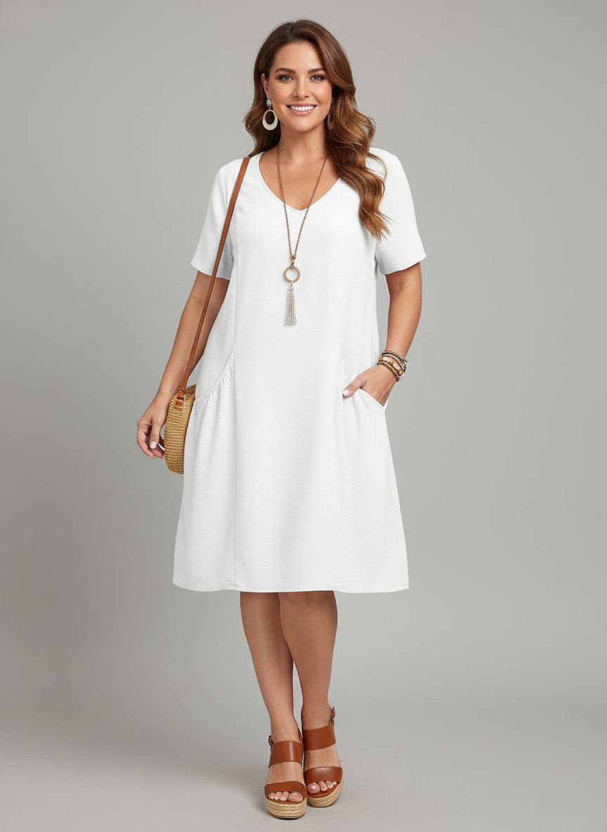 Lovshy Solid Color Short Sleeve A-line Dress wh