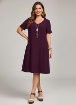Lovshy Solid Color Short Sleeve A-line Dress