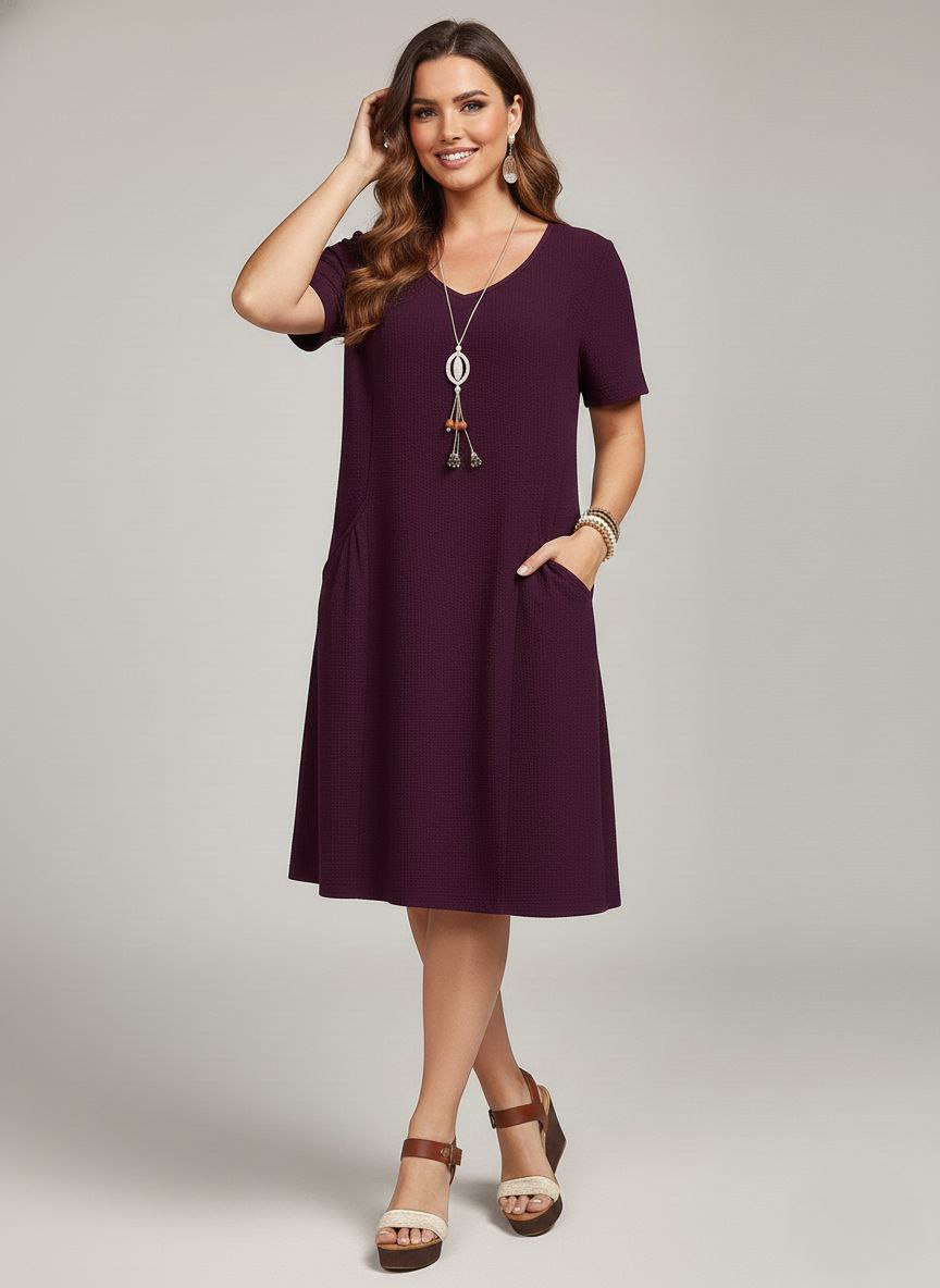 Lovshy Solid Color Short Sleeve A-line Dress wh - Image 4