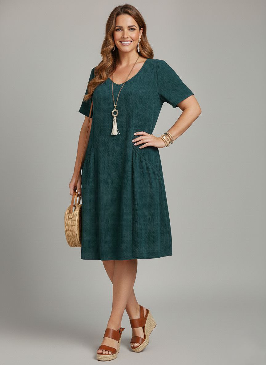 Lovshy Solid Color Short Sleeve A-line Dress wh - Image 8