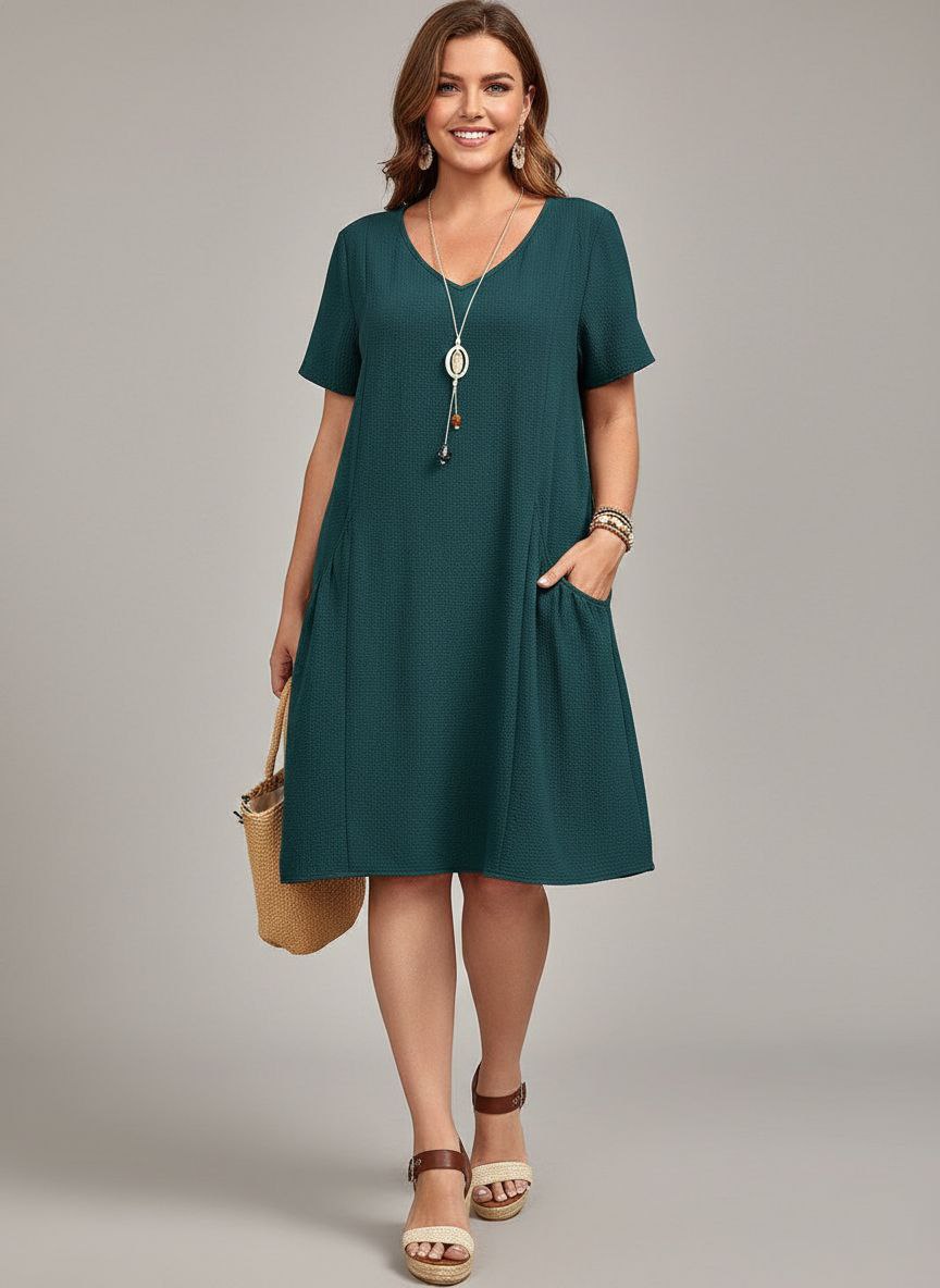 Lovshy Solid Color Short Sleeve A-line Dress wh - Image 7