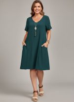 Lovshy Solid Color Short Sleeve A-line Dress dg