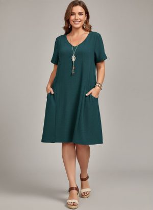 Lovshy Solid Color Short Sleeve A-line Dress dg