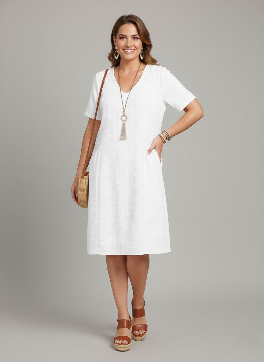 Lovshy Solid Color Short Sleeve A-line Dress wh - Image 12