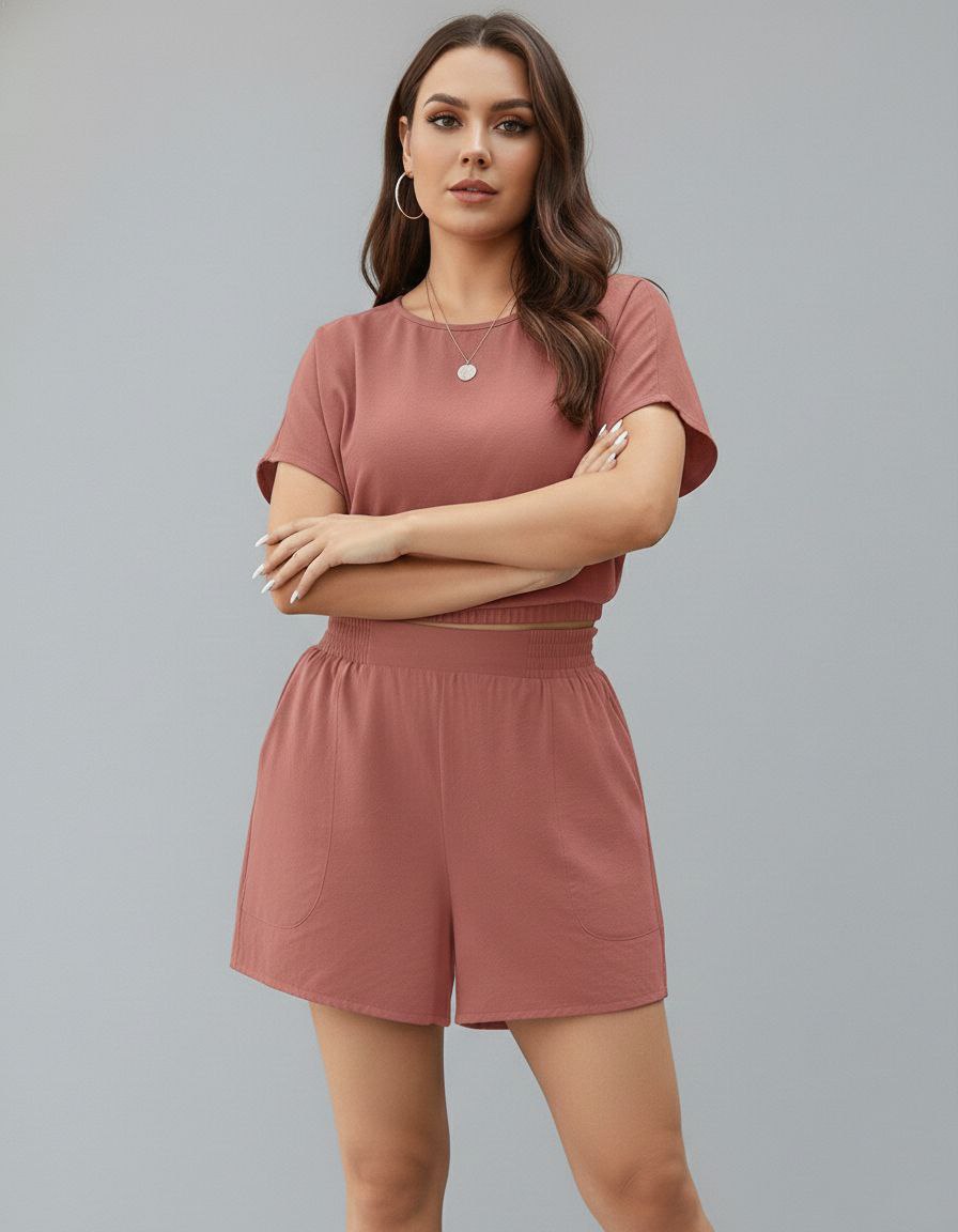 Lovshy Ladies Solid Crop Top And Short Set bl - Image 4