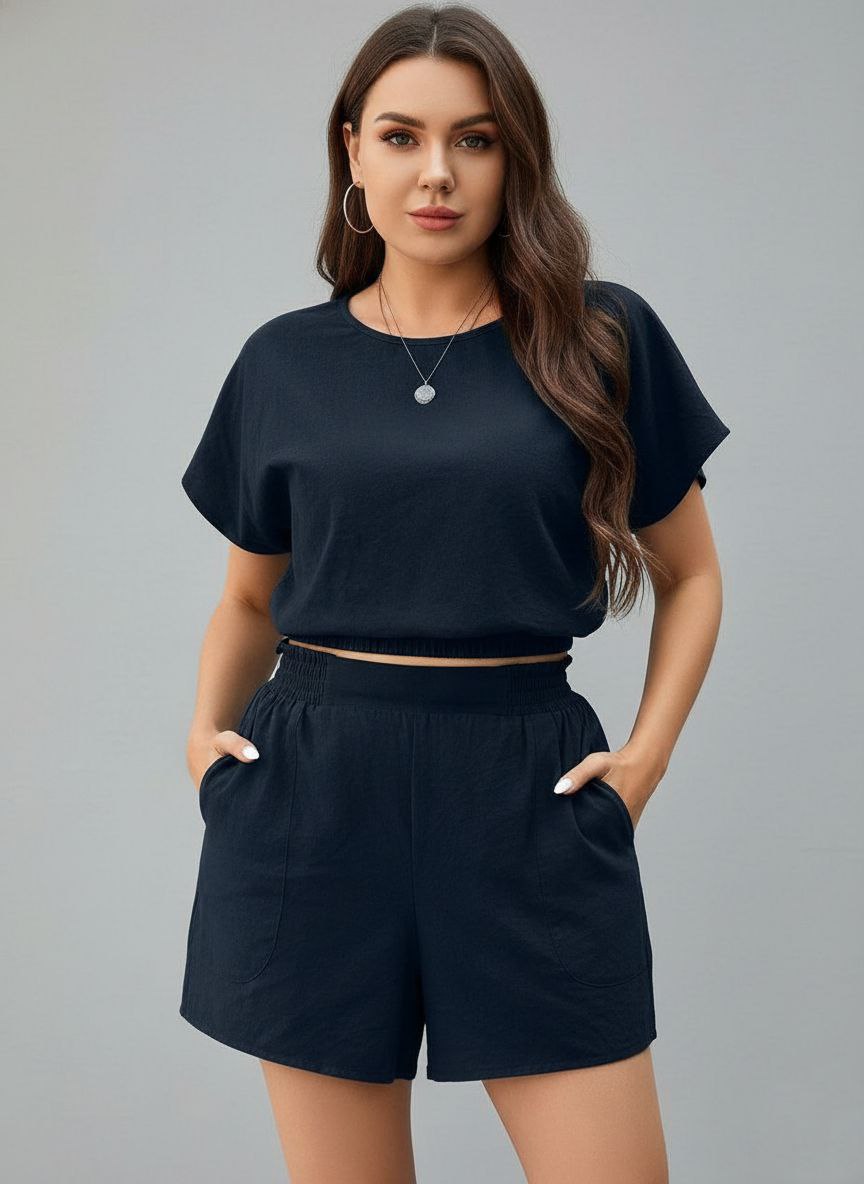 Lovshy Ladies Solid Crop Top And Short Set bl - Image 9