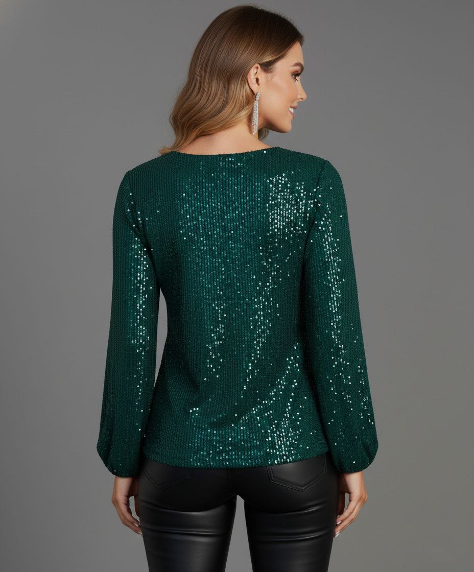 Lovshy Elegant Sequin Long Sleeve V-Neck Top - Image 2