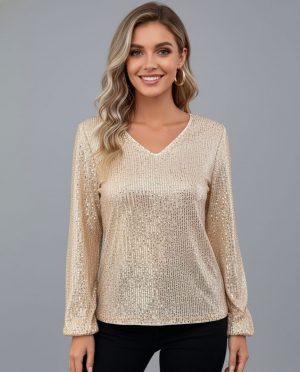 Lovshy Elegant Sequin Long Sleeve V-Neck Top gl