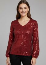 Lovshy Elegant Sequin Long Sleeve V-Neck Top mr