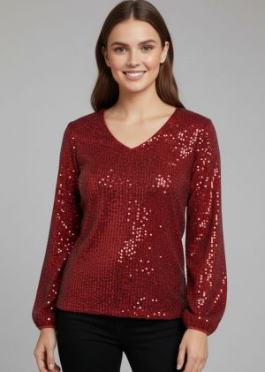 Lovshy Elegant Sequin Long Sleeve V-Neck Top mr