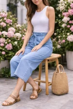 High Rise Tie-Waist Denim Culotte Pant