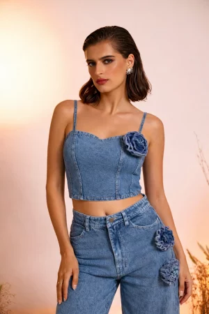 Denim Rose Detail Spaghetti Strap Top