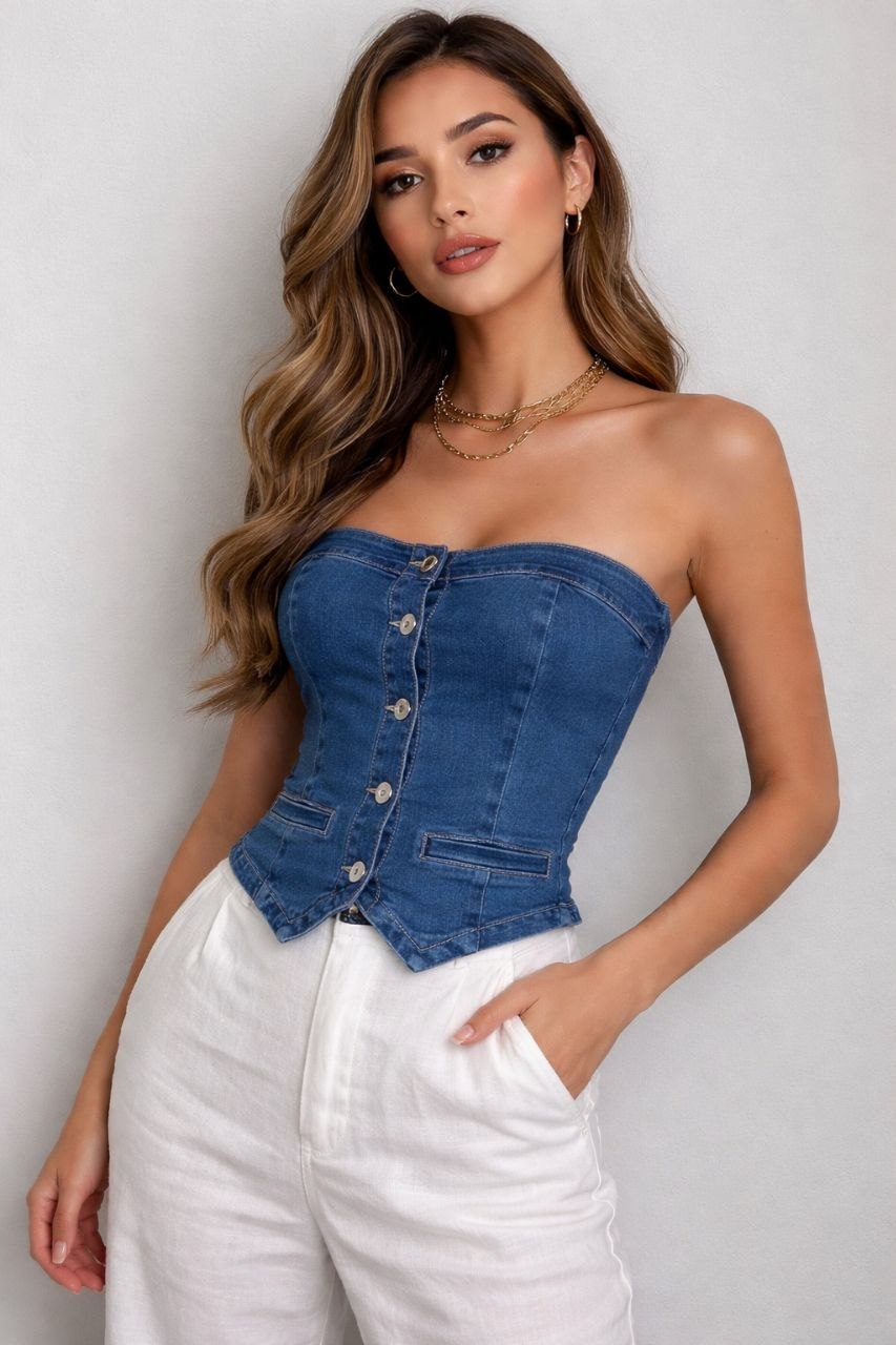 Lovshy Fashionable Strapless Denim Tube Top - Image 2