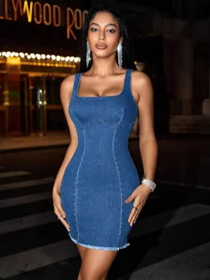 Sleeveless Square Neck Stretch Fit Party Dress
