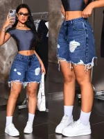 High Waist Ripped Denim Bermuda Shorts