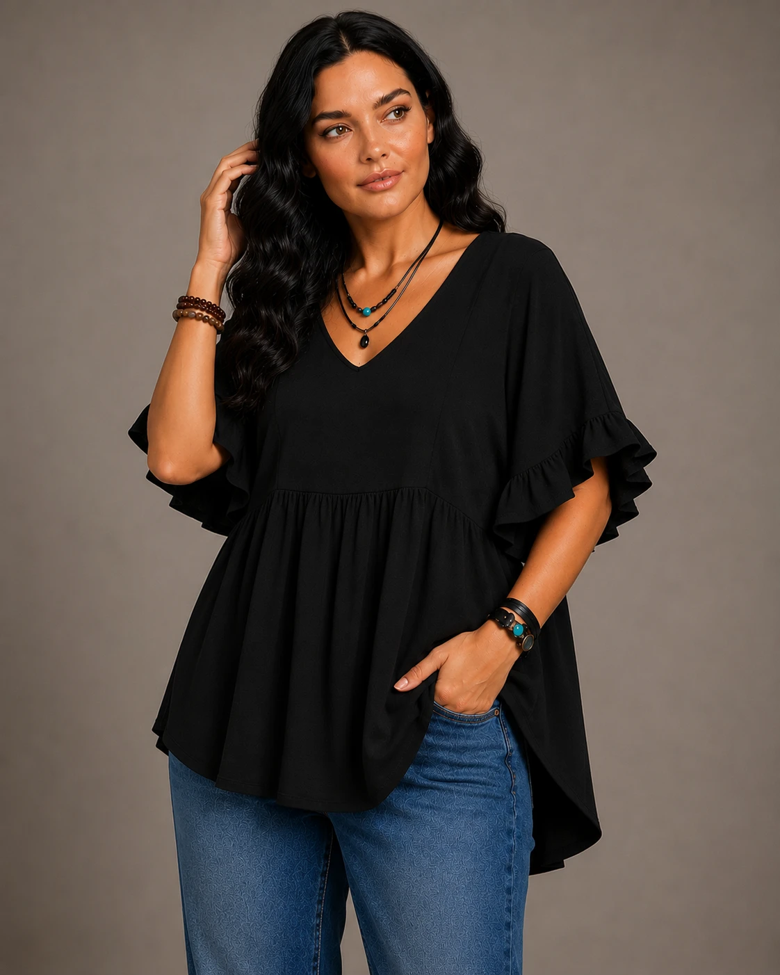Women's Solid Cotton V-Neck Ruffle Sleeve Top - Image 6