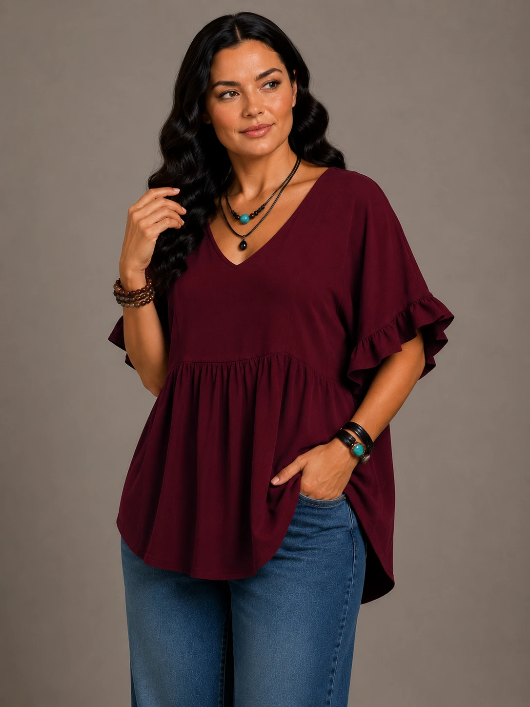 Women's Solid Cotton V-Neck Ruffle Sleeve Top - Image 5