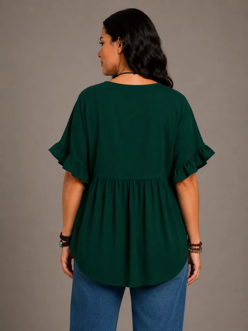 Women's Solid Cotton V-Neck Ruffle Sleeve Top - photo 3