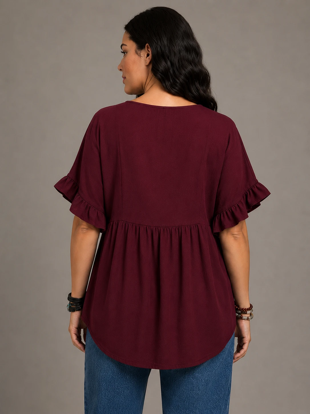 Women's Solid Cotton V-Neck Ruffle Sleeve Top - Image 2