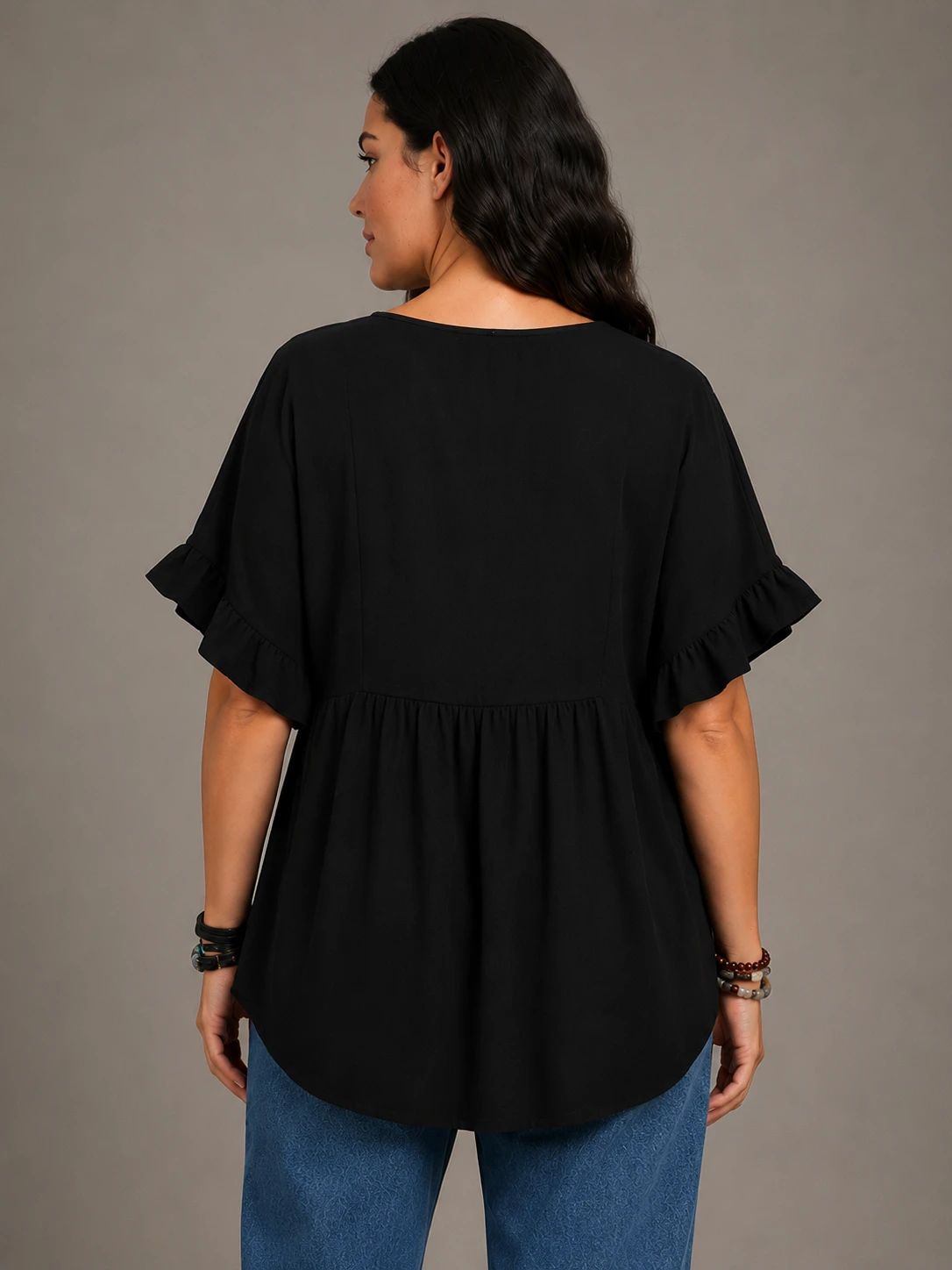 Women's Solid Cotton V-Neck Ruffle Sleeve Top - Image 3