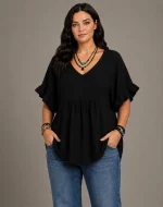 Women's Solid Cotton V-Neck Ruffle Sleeve Top