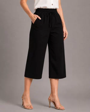 Women's Cotton Wide Leg Culotte Pant with Elastic Waist & Pockets